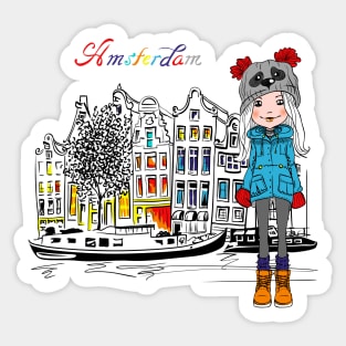 Girl tourist in a winter Amsterdam Sticker